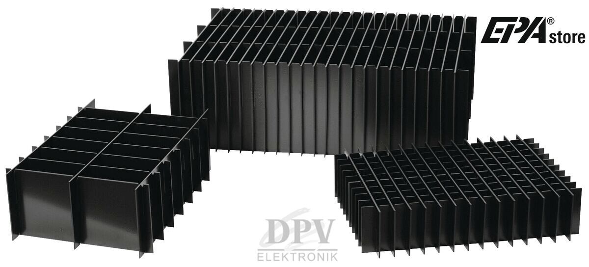 The image displays three black heat sinks in various sizes. They have a grooved structure that efficiently dissipates heat. The heat sinks are rigid and rectangular.