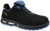 Preview: The shoe is black with blue accents. It has a non-slip sole, oval laces, and ventilation holes. The front is reinforced to provide protection.