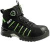 Preview: The shoe is tall, black with green accents. It has a sturdy sole and a quick-lacing system. The surface appears durable and provides good support. Ideal for various activities.