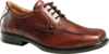 Preview: The image shows an elegant, brown leather shoe with a smooth surface. It has a slightly rounded toe, six lace holes, and a flat, black sole.