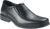 Preview: The shoe is an elegant, black loafer made of smooth leather. It has a flat sole and no laces. The shape is slightly rounded and features side elastic inserts.