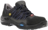 Preview: The shoe is a black safety shoe with a sturdy sole. It has blue and gray shoelaces and a yellow safety button on the side. The surface is made of robust material.