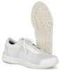 Preview: In the picture, there is a sporty, white shoe visible. The shoe features a breathable mesh upper and a light grey rubber sole with a non-slip tread.