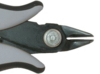 Preview: The image shows the tip of a pair of pliers with two curved handles. The tip of the pliers is pointed and slightly open, with a round screw in the middle. The colors are primarily black and gray.