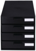 Preview: The image shows a black dresser with four drawers. Each drawer has a handle and a label slot. The top is flat and also black.