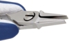 Preview: The image shows a pair of pliers with narrow, pointed metal jaws. The handle is ergonomically designed, in blue and gray. The pliers are open and ready for use.