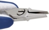 Preview: The image shows a pair of pliers with two narrow, pointed blades. The handle is blue with a gray texture. In the center of the blades, there is a screw for adjustment.