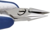 Preview: The image shows a narrow, metal pair of pliers with two pointed jaws. The handle is blue and has a rubberized surface. The pliers appear precise and sturdy.