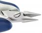 Preview: The image shows a pair of pliers with two pointed metal blades. The handle is blue and has a rubberized surface. The blades are sharp and slightly open.