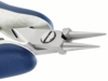 Preview: The image shows a fine pair of pliers with two pointed jaws. The handles are blue and ergonomically shaped, while the head is made of shiny metal. A screw mechanism is visible.