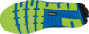 Preview: It is the underside of a sports shoe. The sole has a textured profile with green and blue rubber, providing grip and flexibility. The brand name is visible.