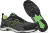 Preview: The image shows a pair of athletic shoes. They are primarily black with green accents. The sole has a non-slip pattern, and the shoes appear lightweight and breathable.