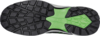 Preview: The image shows the underside of a sports shoe with a highly textured tread. The sole is predominantly black, with a green insert shaped like an X in the center.