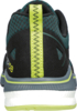 Preview: The image shows the rear view of a sports shoe. It is predominantly black with green and blue accents. There is a green line with a textured pattern along the heel.