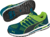 Preview: The image shows a sporty shoe by Puma. It is predominantly in blue and green. The sole is sturdy and features a textured pattern that provides good grip.