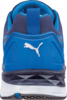 Preview: The image displays the rear view of a blue athletic shoe. The shoe features a vibrant blue color, with a white Puma logo and a sturdy sole. The design is modern and sporty.