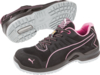 Preview: The image shows black sports shoes with pink accents. They feature a padded insole, laces, and a textured gray rubber sole for good traction.