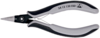 Preview: The image shows a small pair of pliers with narrow, pointed jaws. The handle is gray with black, non-slip inserts. The pliers are suitable for precise tasks.