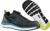 Preview: The image shows a pair of black sports shoes with light blue and lime green accents. They have a smooth surface, a sleek shape, and a textured sole with deep tread grooves.