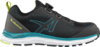 Preview: The shoe is a sporty running shoe in black with blue and green accents. It features a non-slip sole and a lace-up closure mechanism that supports the foot.