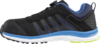 Preview: The shoe is black with blue accents. It features a sporty shape, breathable inserts, and a reinforced toe area. The sole is grippy and white with green details.