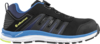 Preview: The shoe is a lightweight, athletic sneaker. It is predominantly black with blue and yellow accents. The sole is light with tread, and the upper material has mesh details for breathability.