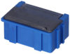 Preview: The image shows a small, rectangular plastic box. It is predominantly in a bright blue, has a transparent, gray cover, and two side notches for better grip.