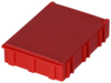 Preview: The image shows a square, red plastic box with a smooth top and straight edges. There are vertical grooves on the sides. It appears sturdy and handy.