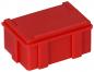 Preview: The image shows a small, rectangular box in bright red. It has a flat lid with two side clasps. The surface is smooth and the material appears sturdy.