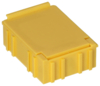 Preview: The image shows a yellow, rectangular plastic box. It has a smooth top and grooved sides. There is a small flap on top for opening or closing.