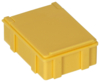 Preview: The image shows a small, yellow plastic box with a flat, removable lid. The box has four horizontal grooves on the sides and is square-shaped.