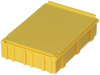 Preview: The image shows a yellow plastic box with a flat lid. The box has rounded edges and diamond-shaped indentations on the sides for a better grip. It appears sturdy and stable.