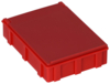 Preview: The image shows a red, rectangular box. It has a flat lid and is made of plastic. The surface is smooth, and the edges are slightly flattened. The box has side indentations for better grip.