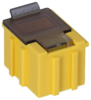 Preview: The image shows a yellow, square electrical plug with a transparent top. The corners are rounded, and a small metal contact is visible on the top.