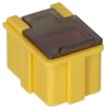 Preview: The image shows a small, yellow plastic container with a transparent, dark lid. It has rounded corners and a square shape.