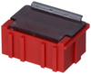 Preview: The image displays a rectangular box in bright red with a black lid. The box features vertical ridges and appears sturdy. The lid is flat and slightly rounded.