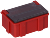 Preview: The image shows a rectangular, red plastic box with a black lid. The box has lateral grooves and a flat top. It is small and handy, ideal for storage.