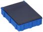 Preview: The image shows a rectangular box made of blue plastic. The top is black and smooth, while the sides have a textured, rounded shape.