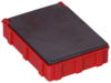 Preview: The image shows a rectangular box that is red with a glossy black top. It has rough edges and a slightly textured surface. The box is flat and compact.