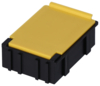 Preview: The image shows a compact, rectangular object with a black base and a flat, yellow lid. It has a durable surface and vertical grooves on the sides.