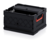 Preview: The image shows a black plastic crate with open sides and a red handle. It has a ridged pattern and appears to be stackable or foldable.