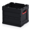 Preview: It is a black plastic box with a red handle. The box has an open top and sturdy side walls, ideal for transporting and storing items.