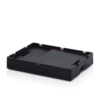 Preview: The image shows a black, rectangular plastic tray with a flat bottom and slightly raised edges. The surface is smooth, with small indentations and red markings.