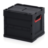 Preview: It is a black plastic box with a rectangular shape. It has a sturdy lid and red handles on the sides. The box appears robust and practical for storage.