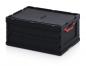 Preview: The image shows a rectangular, black plastic storage box. It has a flat lid and a red handle opening on the side. The box appears sturdy and practical.