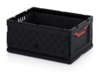 Preview: It is a black plastic box without a lid. The sides are designed with diamond patterns, one side has a red handle. It is rectangular and sturdy.