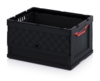 Preview: It is a black plastic box with a diamond-shaped pattern on the sides. It has reinforced corners and a red-trimmed handle opening on one side.