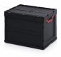 Preview: It is a black plastic box with a sturdy, closed lid. On one side are red handles that make carrying easier. The box has a rectangular shape.