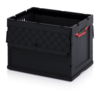 Preview: A black plastic box with a diamond-shaped pattern on one side. It has an open top and red handles on the sides. The box is sturdy and square.