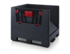 Preview: The image shows a rectangular stacking box made of black plastic with red elements. It has open sides and a sturdy construction, ideal for storage or transport.